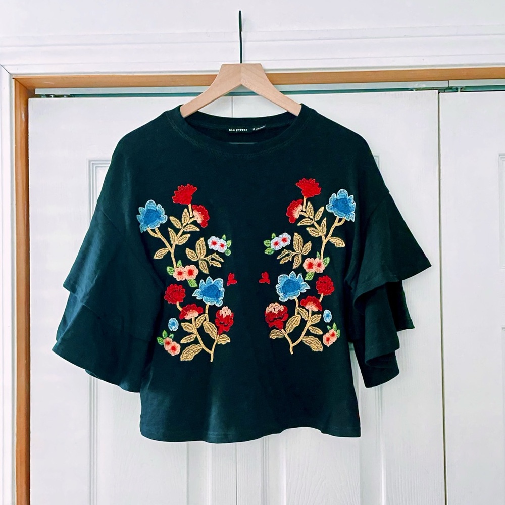 Blu Pepper Black Embroidered Top with Ruffle Sleeve Medium